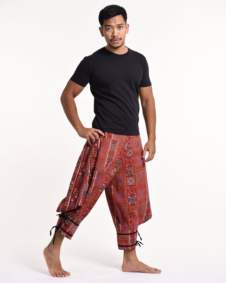 Clovers Thai Hill Tribe Fabric Men's Harem Pants with Ankle Straps in Red