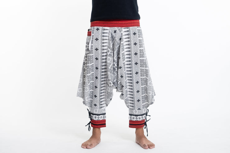 Traditional Prints Thai Hill Tribe Fabric Men's Harem Pants with Ankle Straps in White