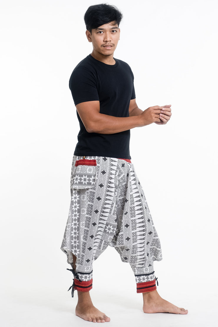 Traditional Prints Thai Hill Tribe Fabric Men's Harem Pants with Ankle Straps in White