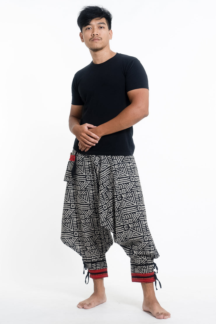 Woven Prints Thai Hill Tribe Fabric Men's Harem Pants with Ankle Straps in Black