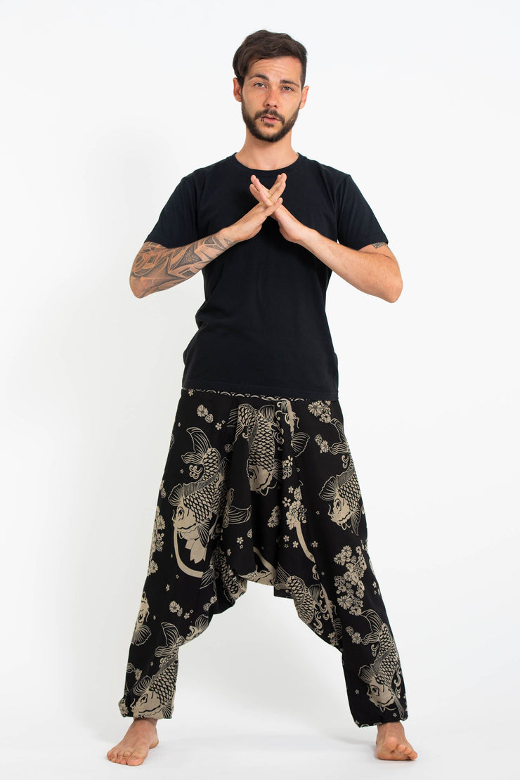 Hill Tribe Koi Fish Print Men's Harem Pants in Black