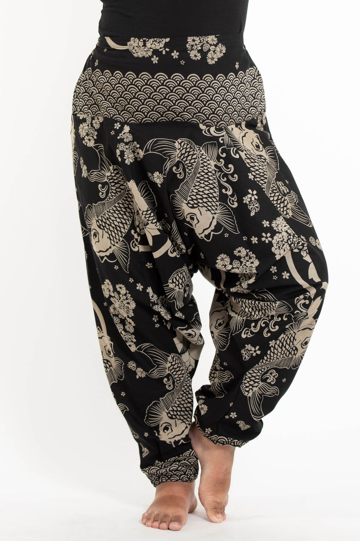 Plus Size Hill Tribe Koi Fish Print Men's Harem Pants in Black