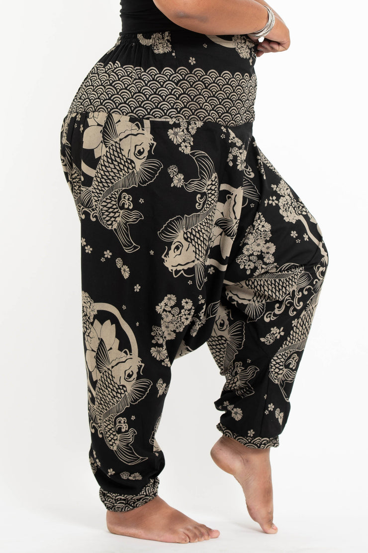 Plus Size Hill Tribe Koi Fish Print Men's Harem Pants in Black