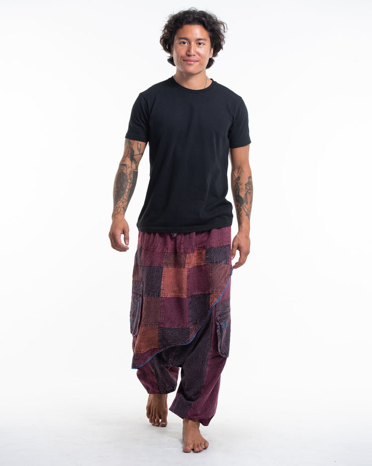 Men's Patchwork Stone Washed Low Cut Cotton Pants in Maroon 02