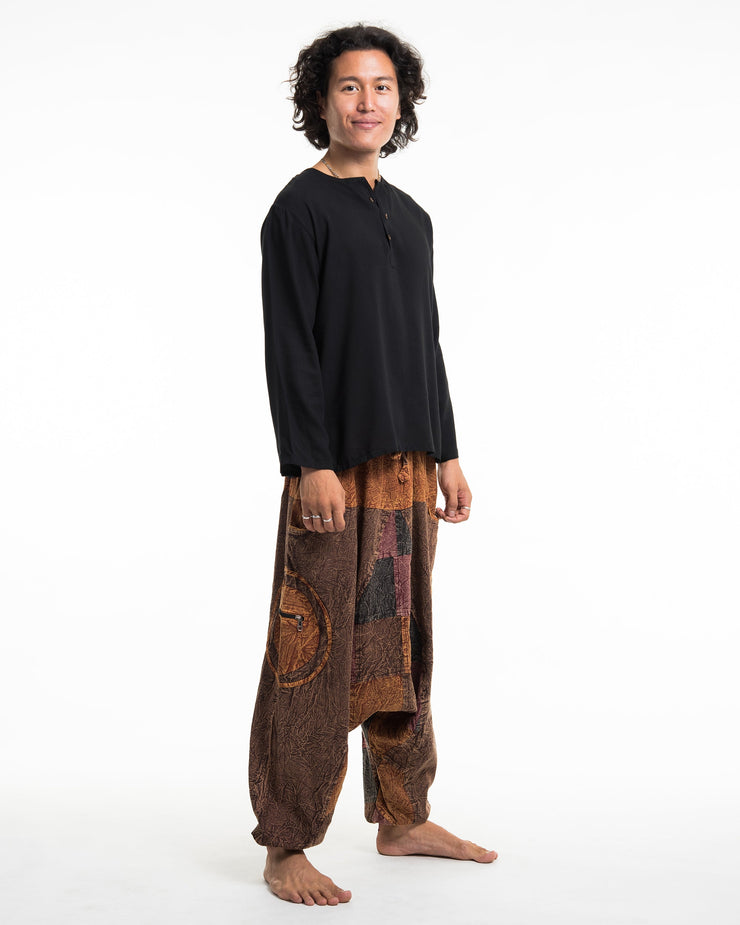 Men's Patchwork Stone Washed Low Cut Cotton Pants in Brown 03