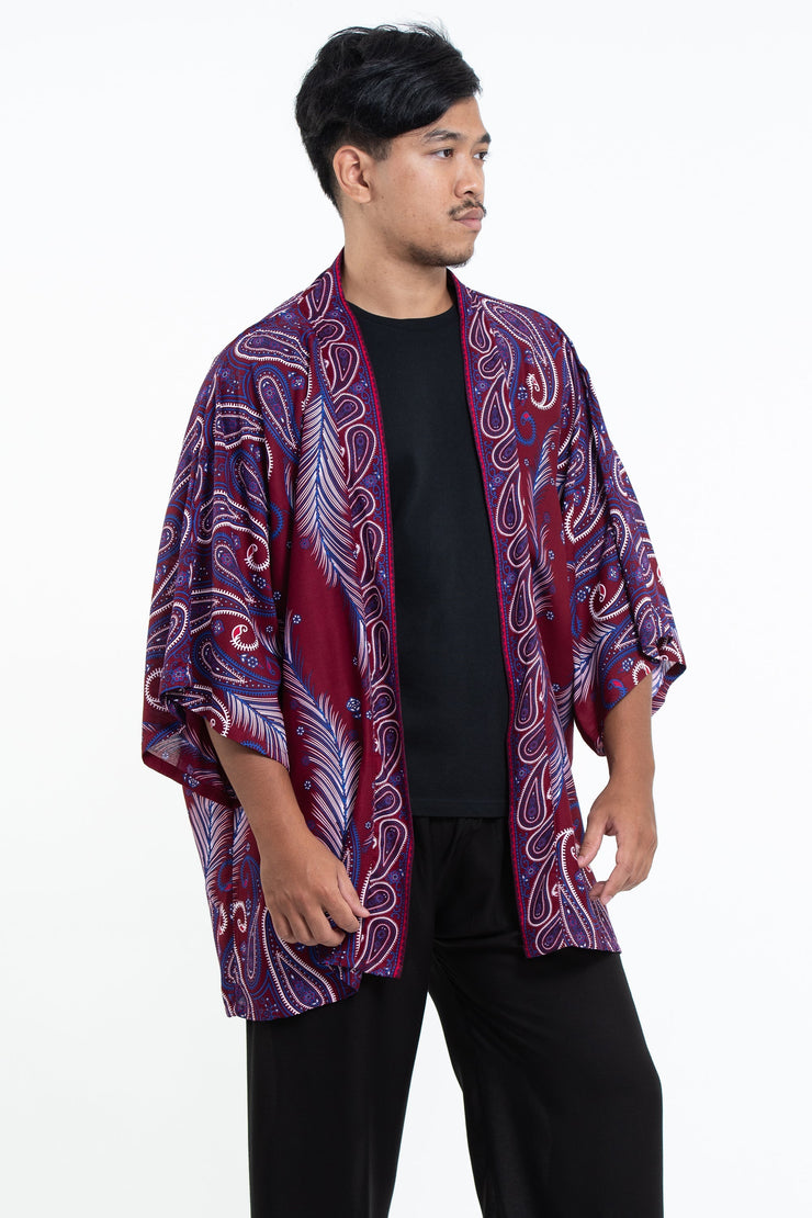 Paisley Feathers Kimono Cardigan in Red