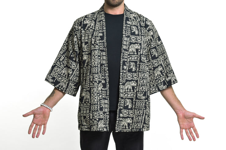 Elephant Print Cotton Kimono Cardigan in Black