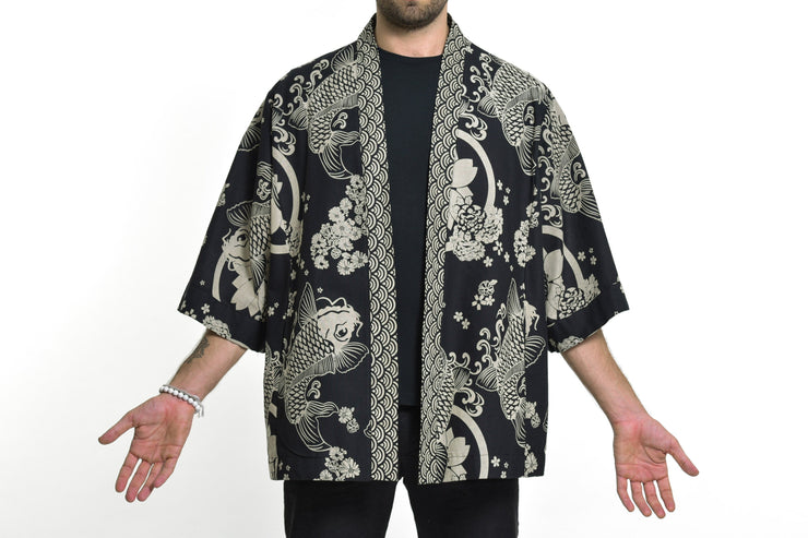 Koi Fish Print Cotton Kimono Cardigan in Black