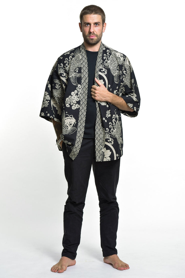 Koi Fish Print Cotton Kimono Cardigan in Black