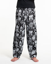 Tribal Mask Print Men Cotton Pants in Black