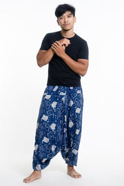 Elephant Prints Men's Low Cut Cotton Harem Pants in Indigo