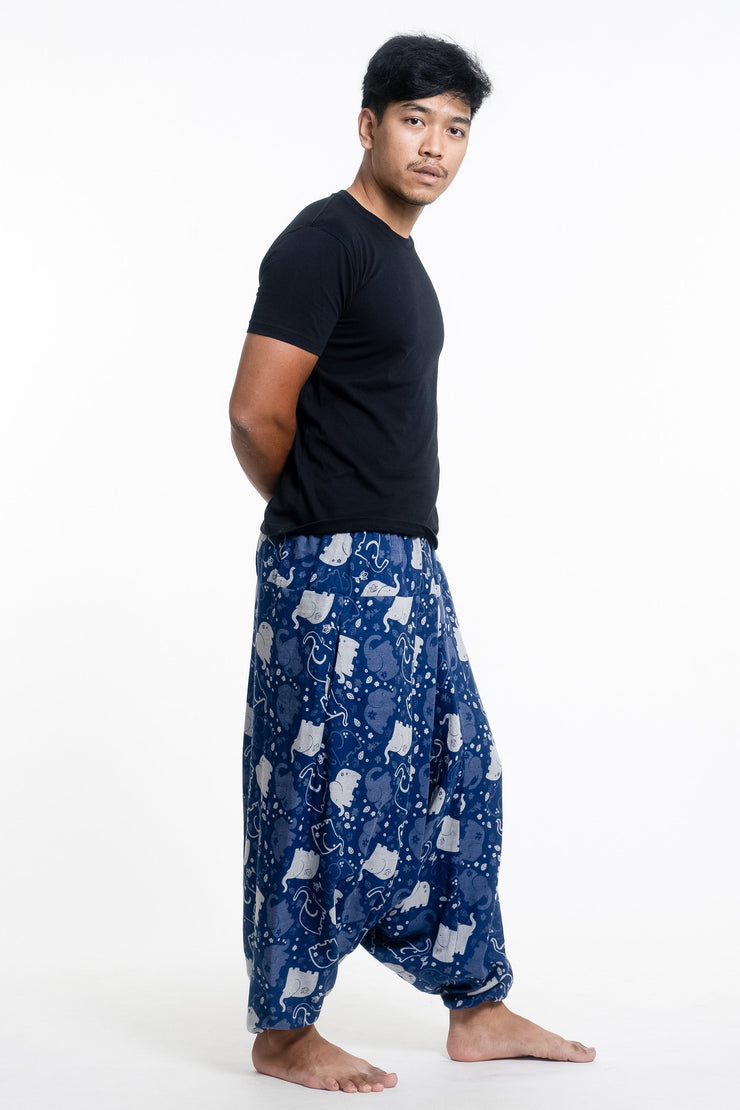 Elephant Prints Men's Low Cut Cotton Harem Pants in Indigo