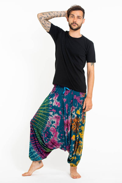 Tie Dye Men's Spandex Cotton Low Cut Harem Pants in Blue