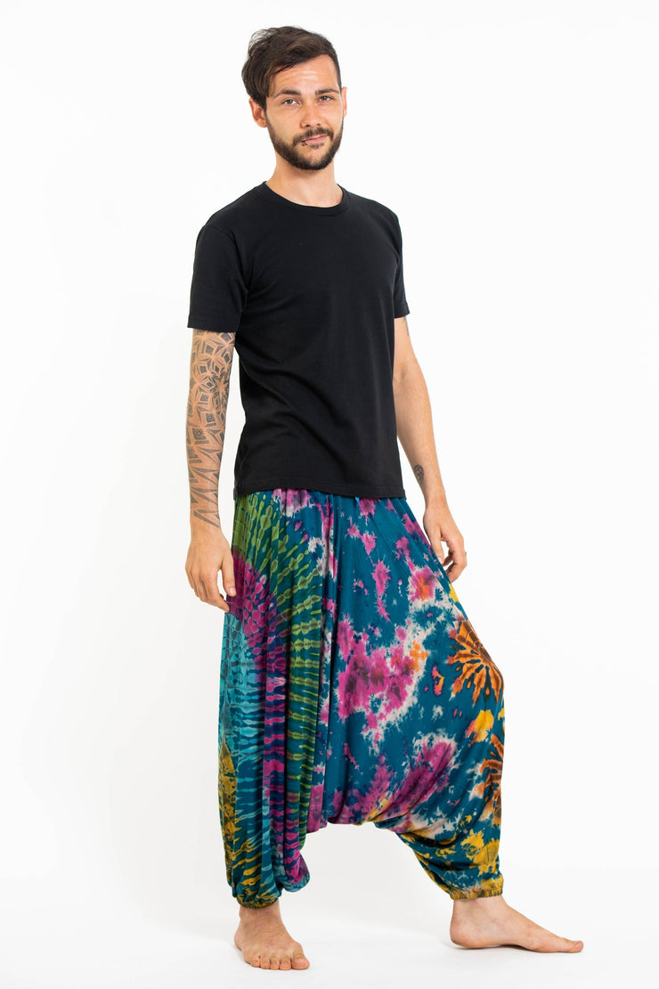 Tie Dye Men's Spandex Cotton Low Cut Harem Pants in Blue