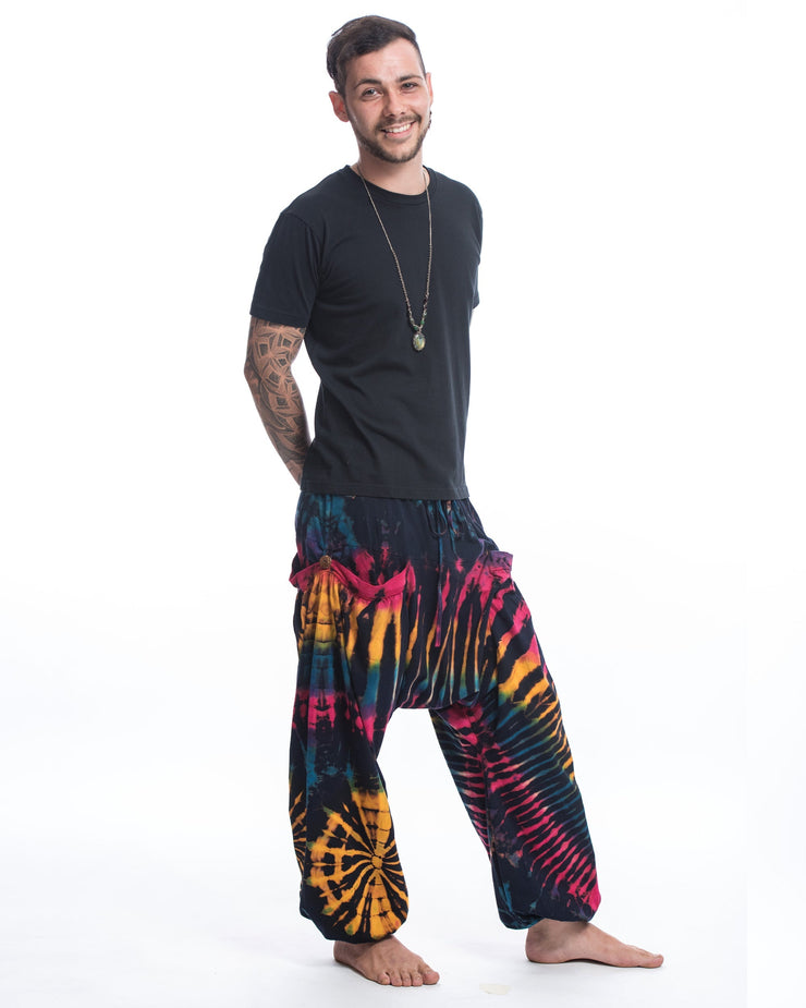 Tie Dye Cotton Men Harem Pants in Navy Rainbow