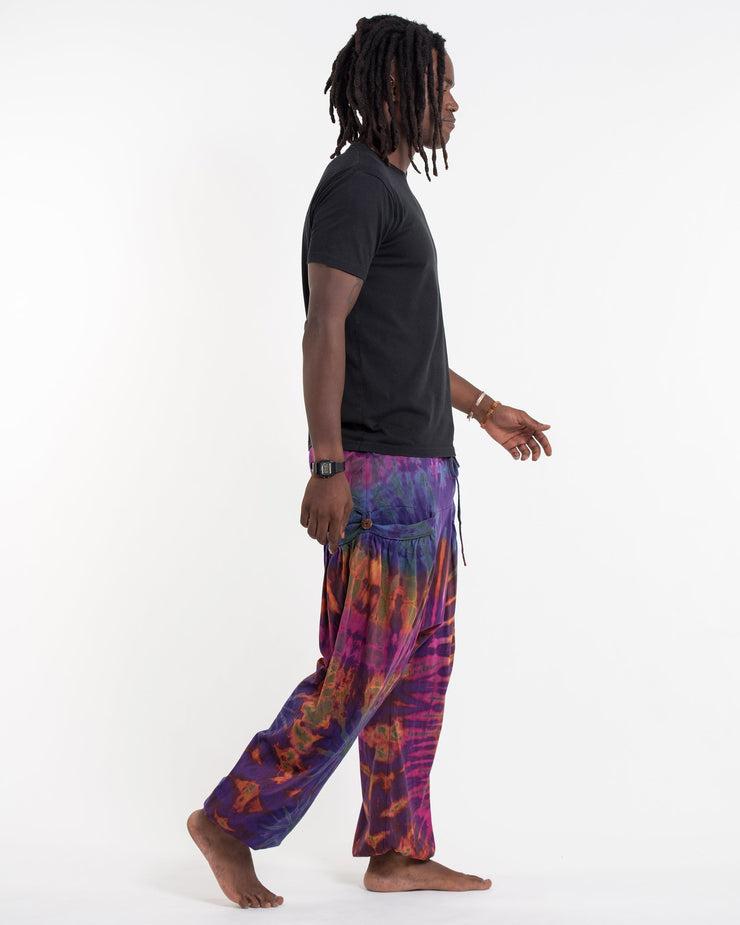 Tie Dye Cotton Men Harem Pants in Purple Rainbow