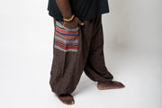 Plus Size Men's Drawstring Pinstripes Cotton Pants with Aztec Pocket in Brown