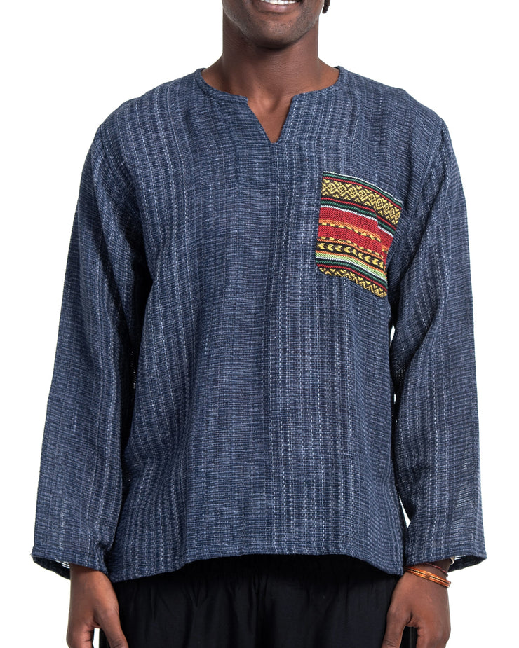 Unisex Woven Cotton Shirt with Tribal Pocket in Blue