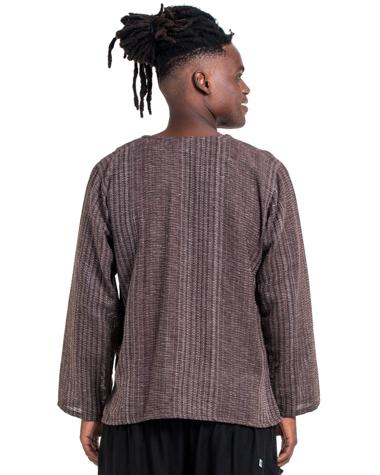 Unisex Woven Cotton Shirt with Tribal Pocket in Brown