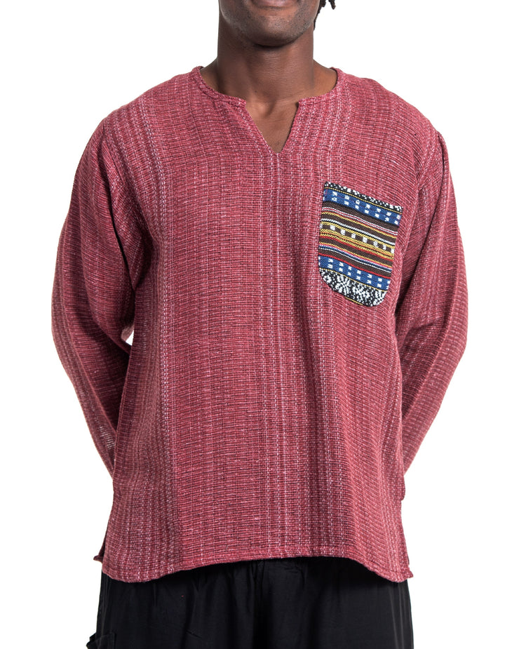 Unisex Woven Cotton Shirt with Tribal Pocket in Red