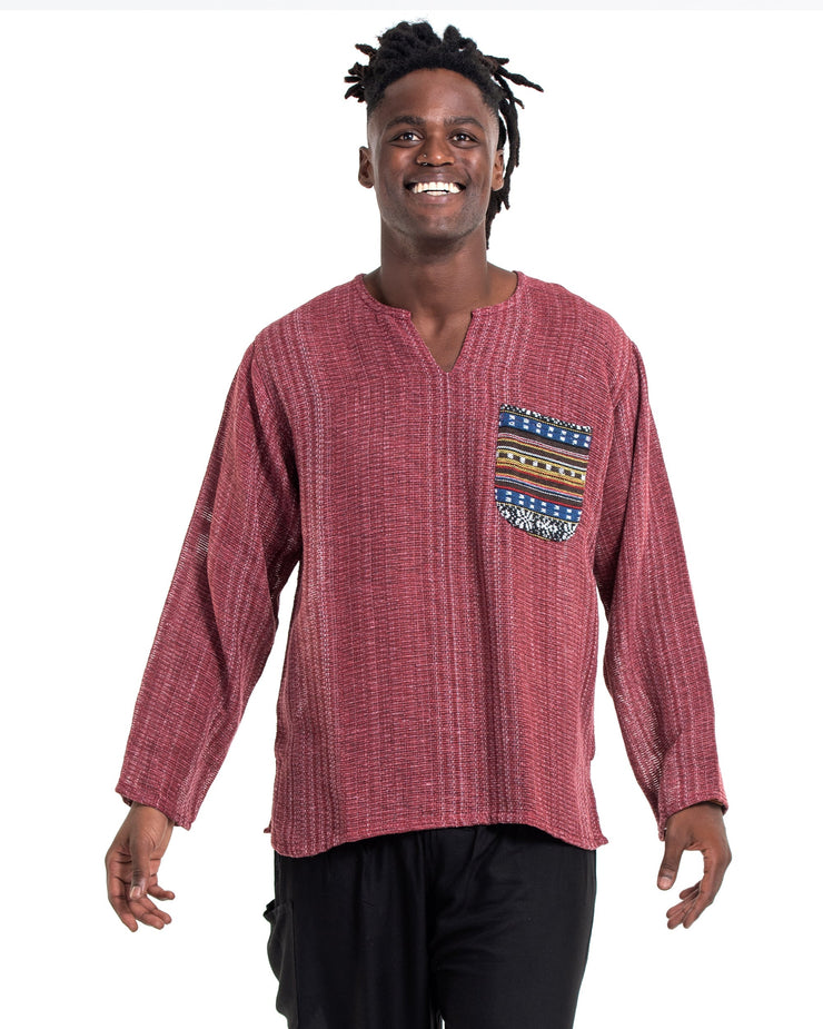 Unisex Woven Cotton Shirt with Tribal Pocket in Red