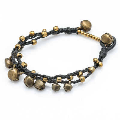 Brass Bell Waxed Cotton Bracelets in Black