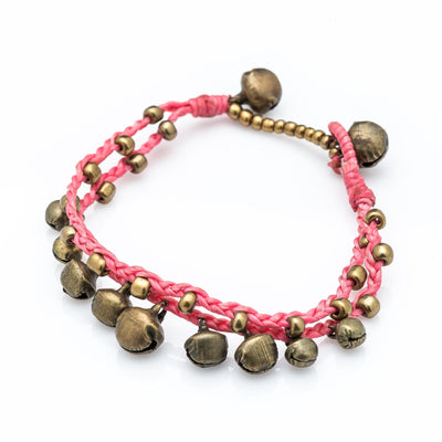 Brass Bell Waxed Cotton Bracelets in Pink