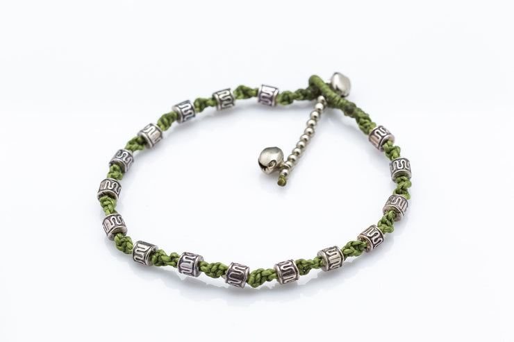 Hand Made Fair Trade Anklet Waxed Cotton Silver Beads Olive