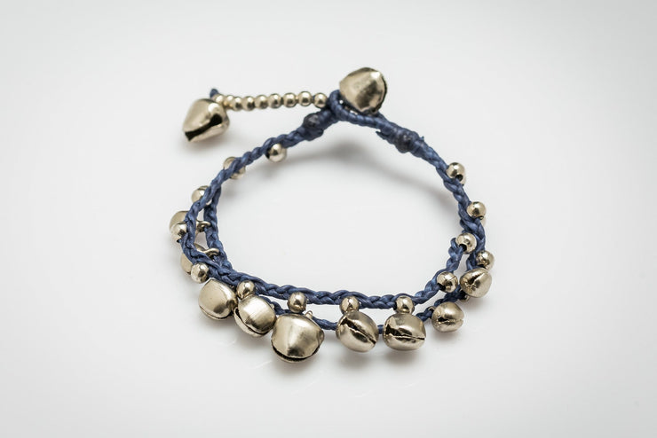 Silver Color Bell Waxed Cotton Bracelets in Blue