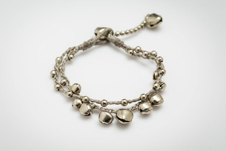 Silver Color Bell Waxed Cotton Bracelets in Gray