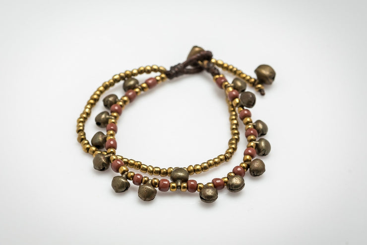 Brass Bell And Plum Bead Double Strand Bracelets