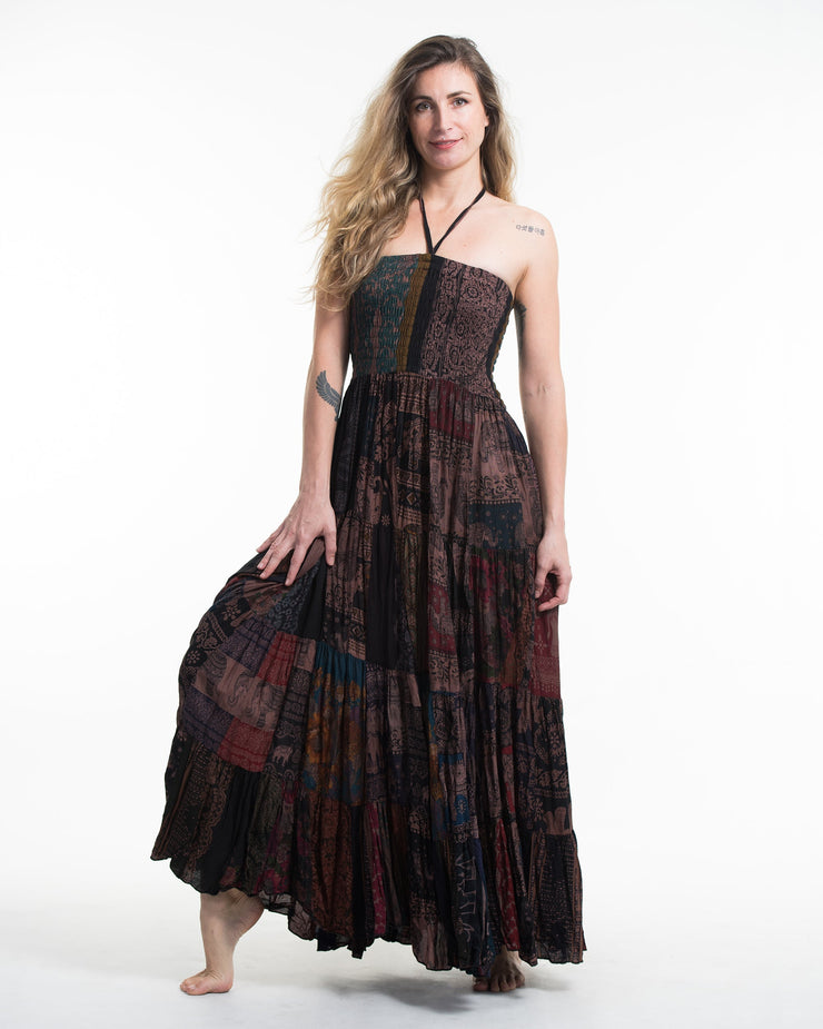 Upcycled Patchwork Multi Print Maxi Dress in Brown