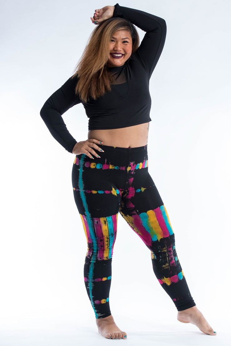 Plus Size Patch Dye Tie Dye Cotton Leggings in Festival Black