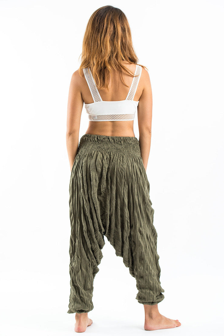 Crinkled Cotton Harem Pants in Green