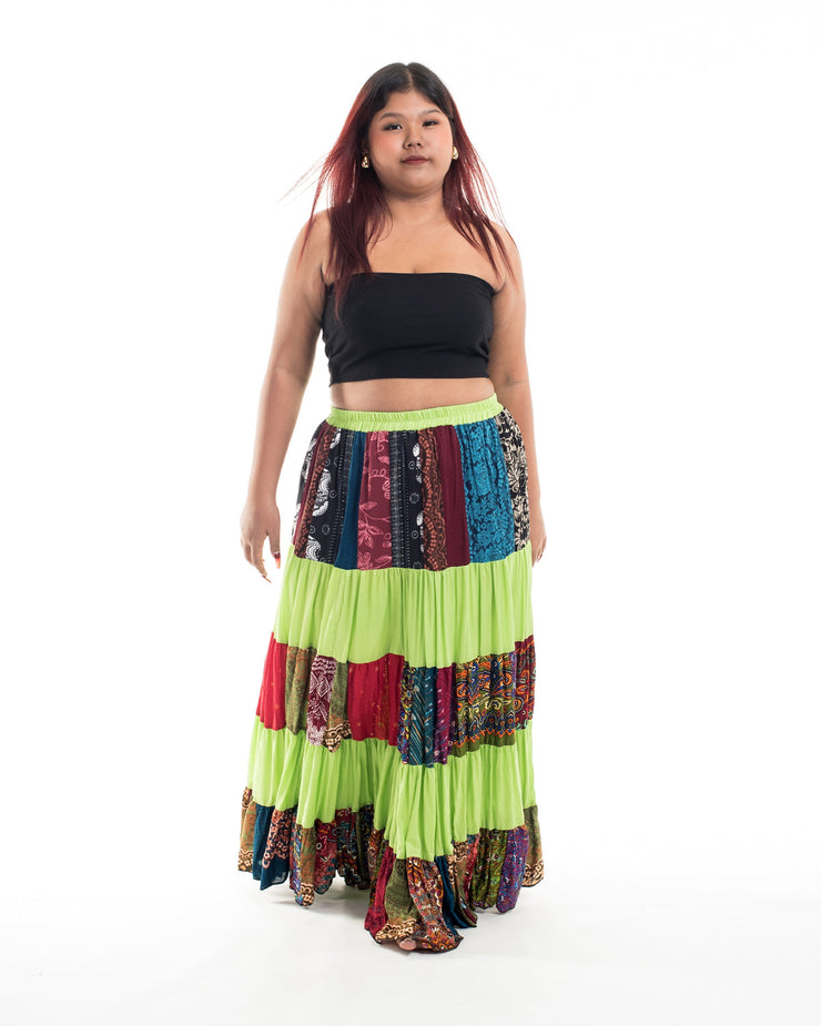 Plus Size Patchwork Long Skirt in Lime Green