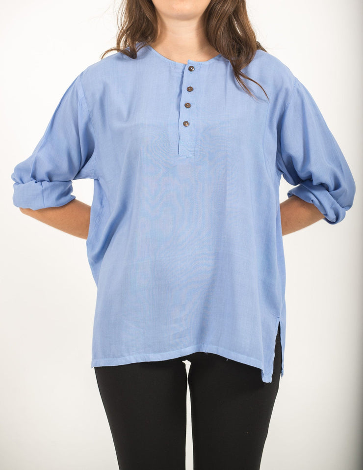 Womens Yoga Shirts No Collar with Coconut Buttons in Blue