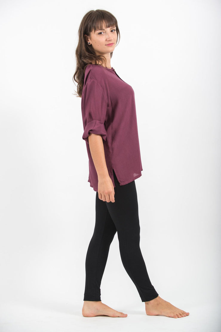 Womens Yoga Shirts No Collar with Coconut Buttons in Purple