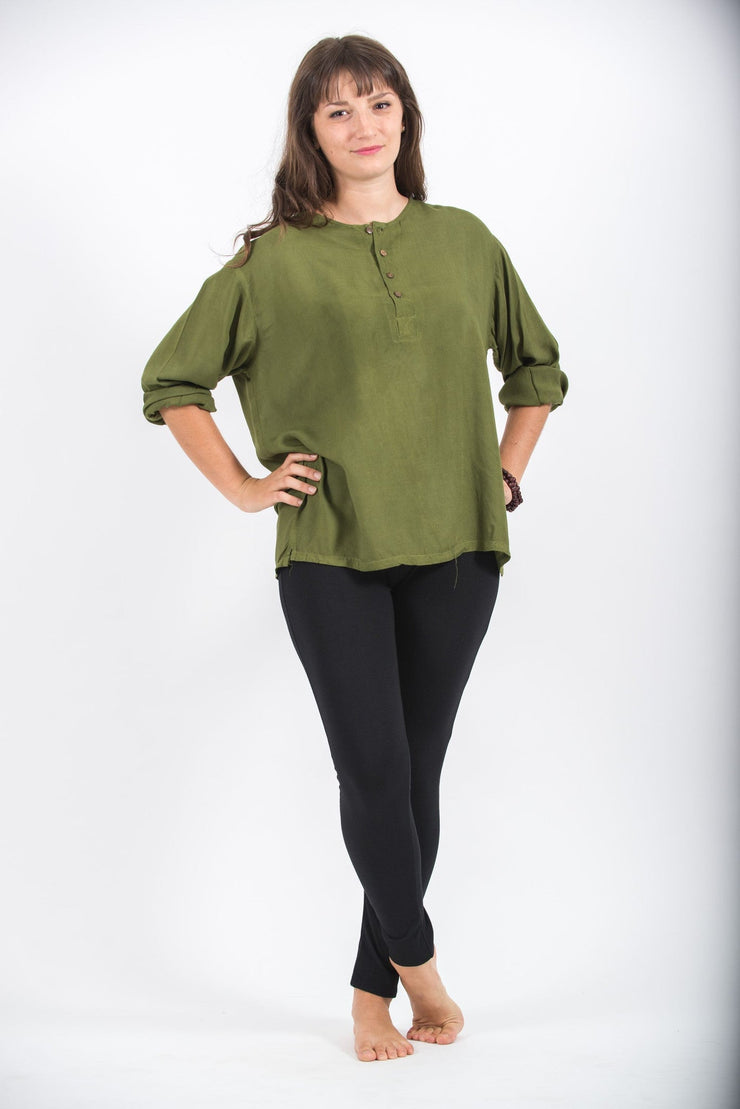 Womens Yoga Shirts No Collar with Coconut Buttons in Olive