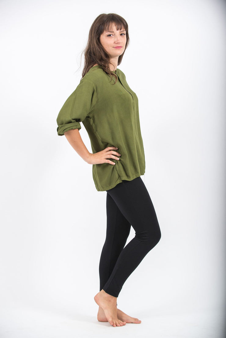 Womens Yoga Shirts No Collar with Coconut Buttons in Olive