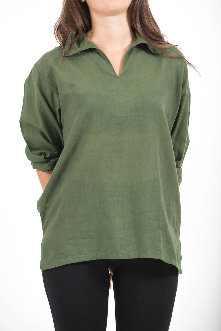 Womens Yoga Shirts Collar V Neck in Olive