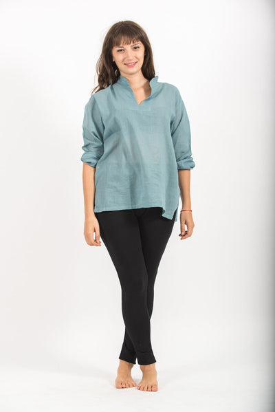 Womens Yoga Shirts Nehru Collared in Aqua