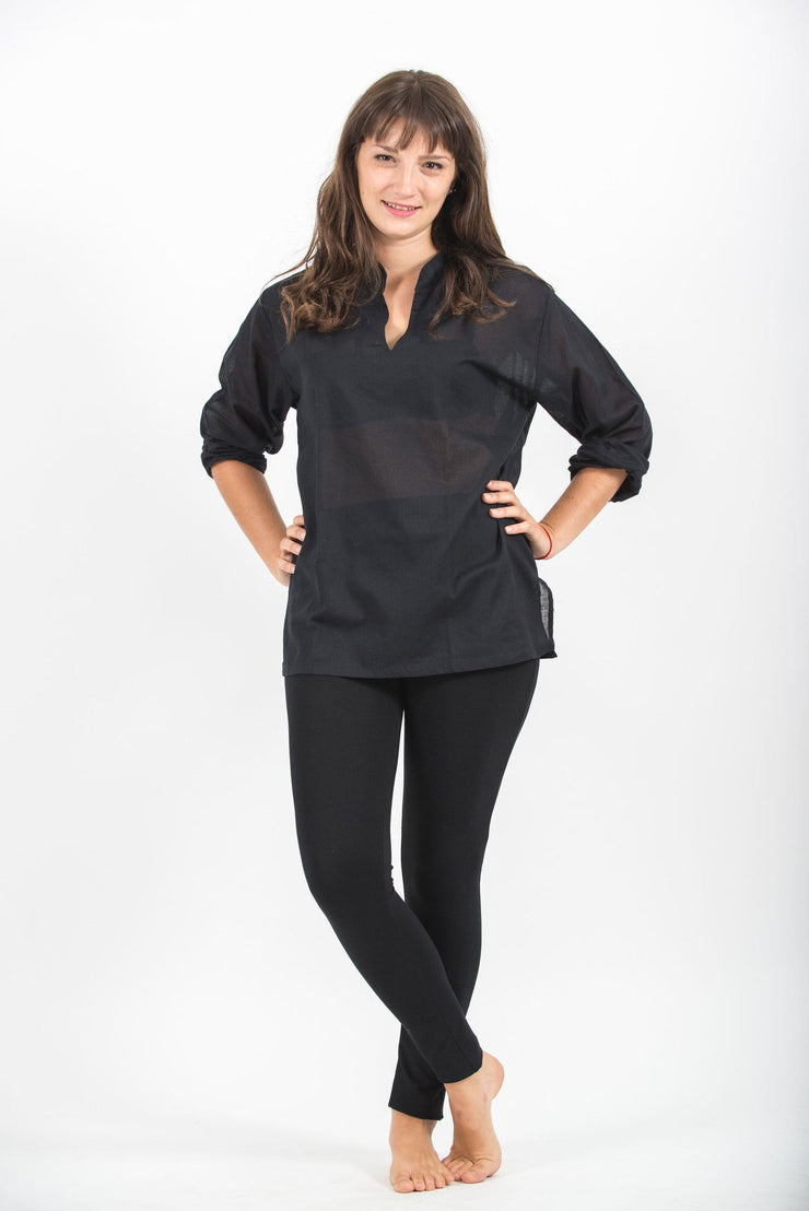 Womens Yoga Shirts Nehru Collared in Black