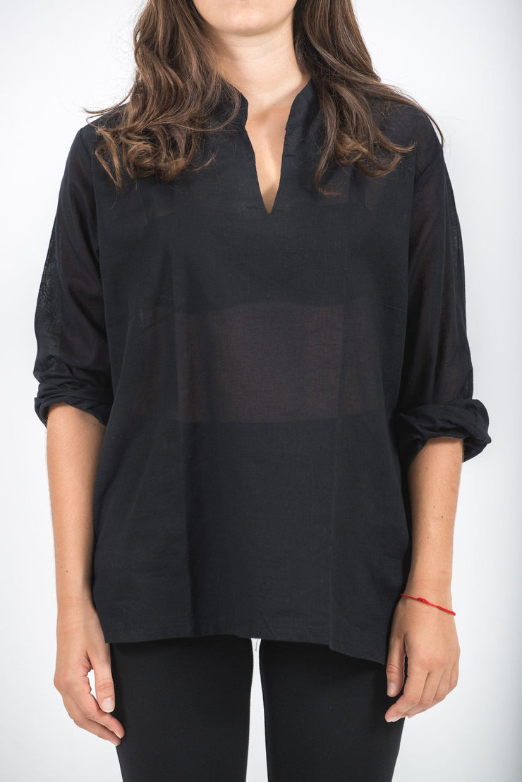 Womens Yoga Shirts Nehru Collared in Black