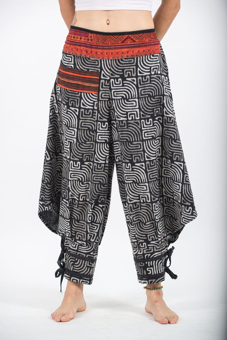 Maze Prints Thai Hill Tribe Fabric Women's Harem Pants with Ankle Straps in Black