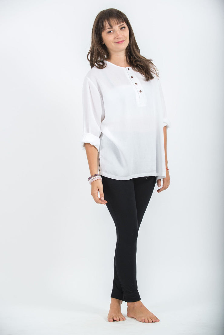 Womens Yoga Shirts No Collar with Coconut Buttons in White