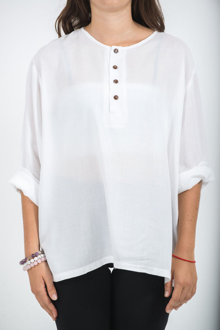 Womens Yoga Shirts No Collar with Coconut Buttons in White