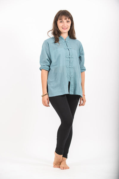 Womens Yoga Shirts Chinese Collared in Aqua