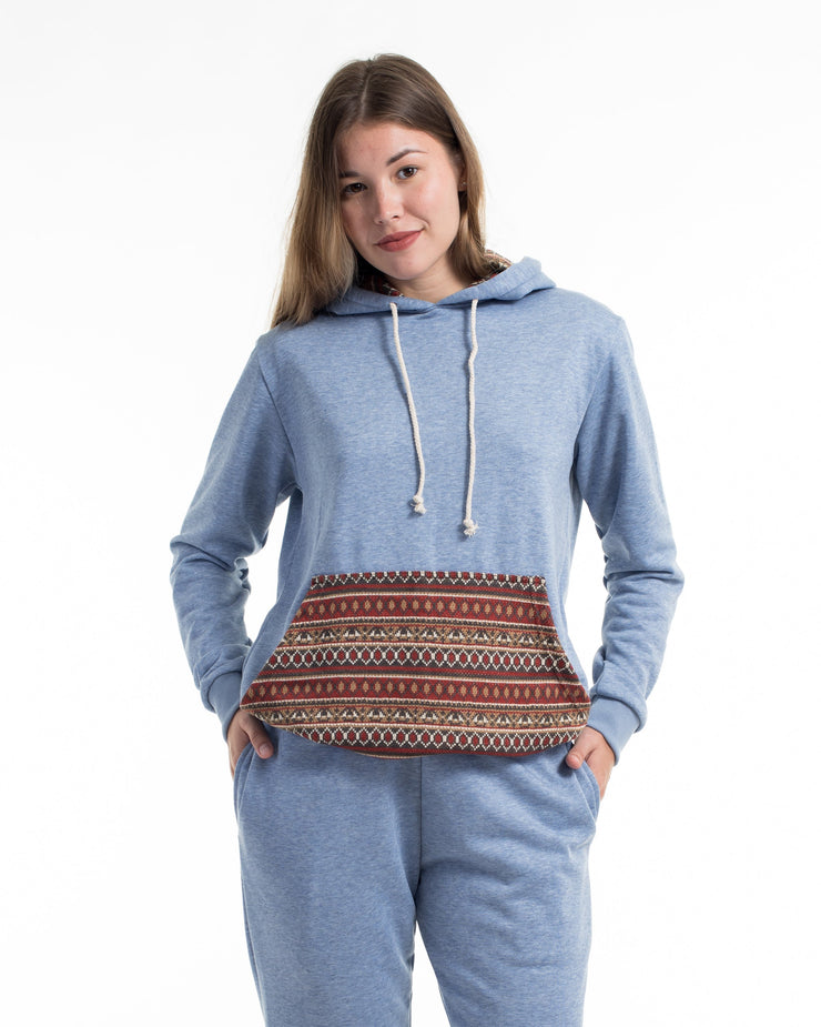 Unisex Terry Pullover Hoodie with Tribal Pockets in Light Blue (Size M - XL)