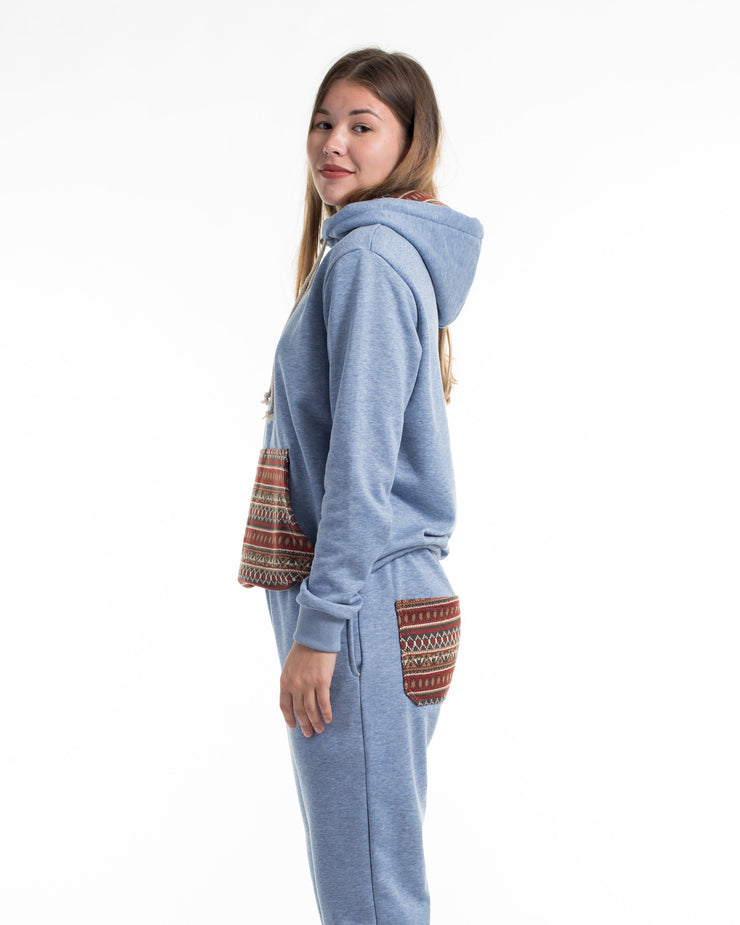 Unisex Terry Pullover Hoodie with Tribal Pockets in Light Blue (Size M - XL)