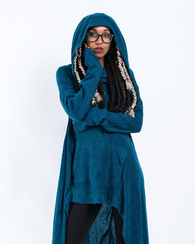 Ultra Long Hooded Sweater in Blue